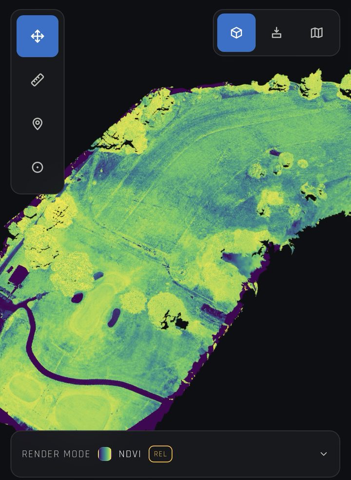 The Terravect viewer open on a phone, showing an NDVI render of a golf hole with the render mode control beneath it.