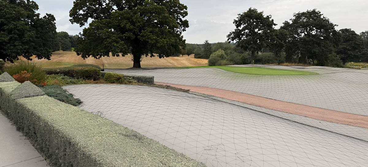 A golf course seen from ground level, the near fairway, path and bank drawn as a grey triangulated mesh while the trees, green and distant fairway stay photographic.