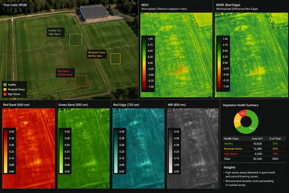 Multispectral analysis of a sports pitch showing RGB, NDVI and red-edge maps with a turf health summary highlighting stressed zones.