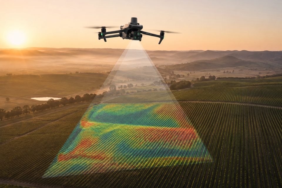 A drone over a vineyard at dawn, with a vegetation index map projected over the rows below it.