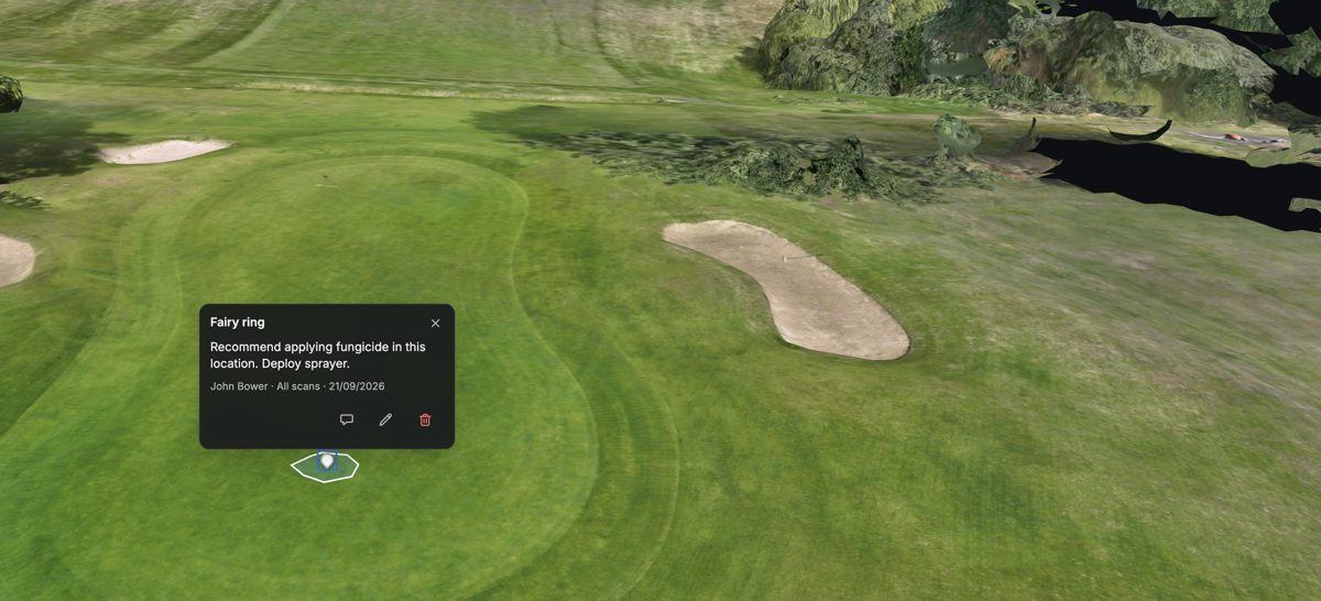 A golf green on the 3D model with a fairy ring visible in the turf, the affected patch outlined, and a note pinned to it reading: Fairy ring. Recommend applying fungicide in this location.