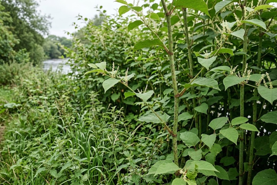 Tall, speckled knotweed canes with broad, flat-based leaves and creamy-white flower sprays, on a riverbank beside grass and nettles.