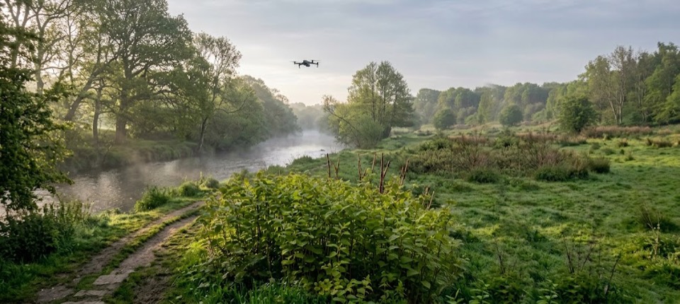 A survey drone over a river valley park in morning mist, with a dense patch of tall green plants on the near bank.