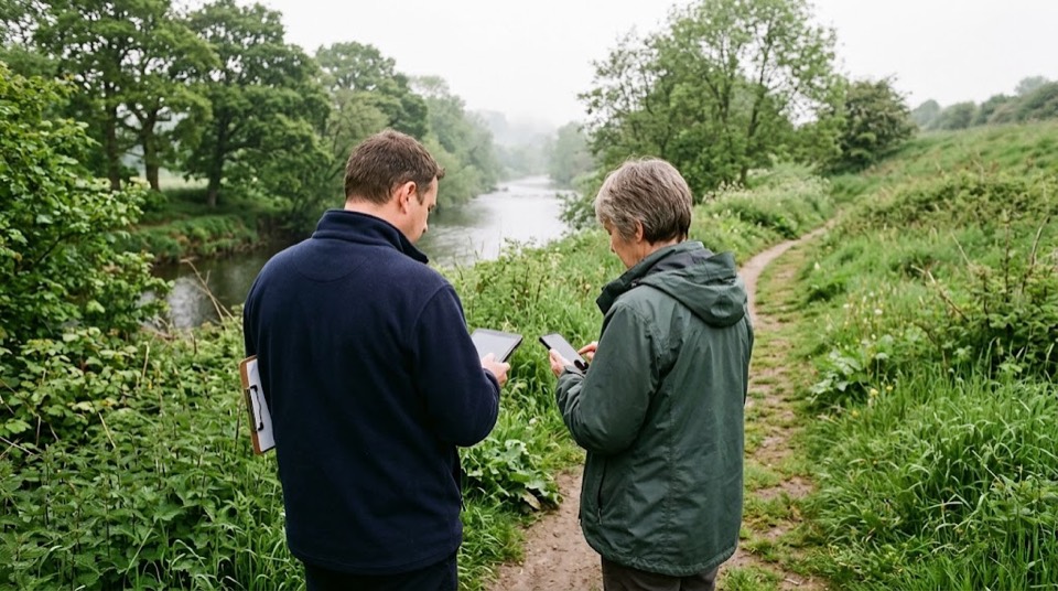 Two people on a riverside path, one holding a clipboard and tablet and one a phone, looking at their screens.