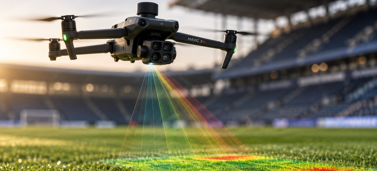 A multispectral drone hovering low over a stadium pitch at dusk, a vegetation index projected onto the turf beneath it in the shape of the sensor footprint.