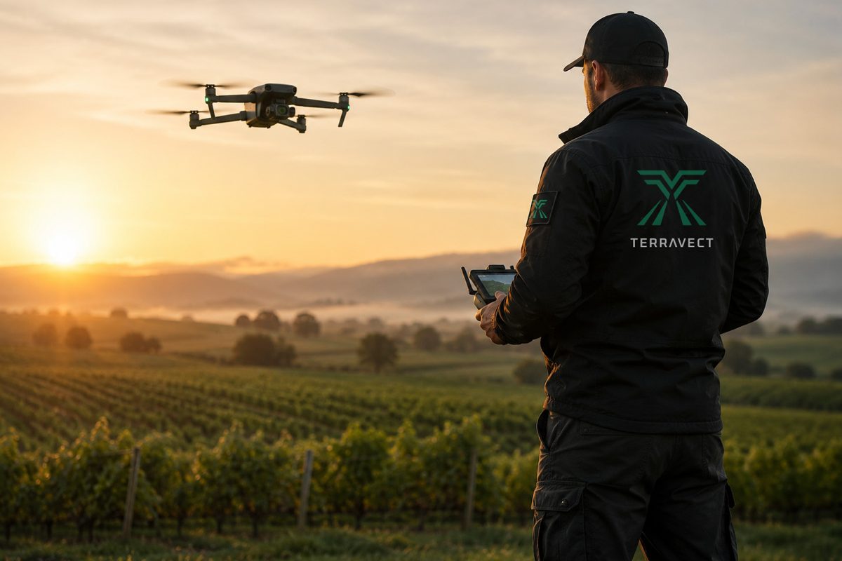 A drone pilot in Terravect clothing standing at the edge of a vineyard at sunrise, controller in hand, watching the aircraft hover over the rows.
