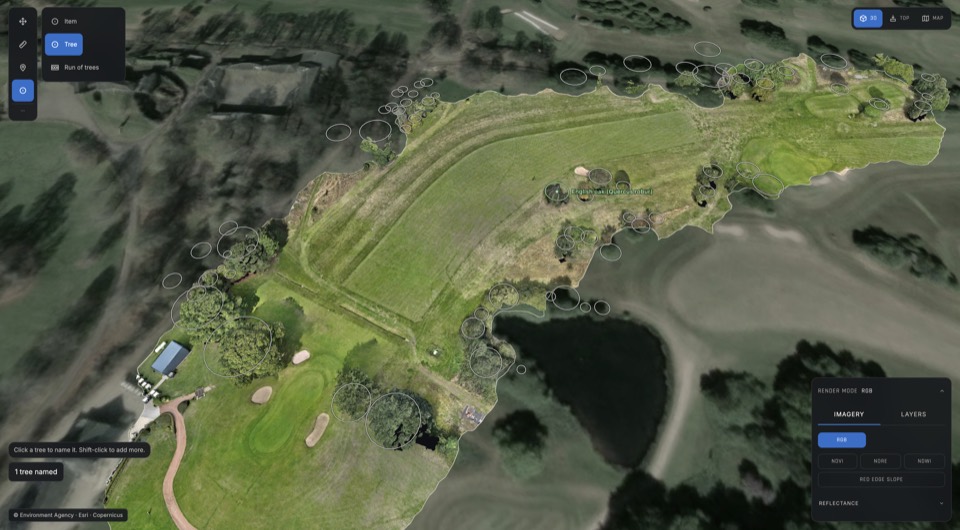 A parkland golf course on the Terravect 3D model, with each tree crown outlined and one oak named in place as English oak, Quercus robur.