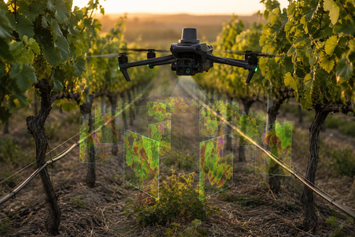 A survey drone hovering between two vine rows, with index-coloured slices of the canopy drawn as a stack of planes in the air beneath it.