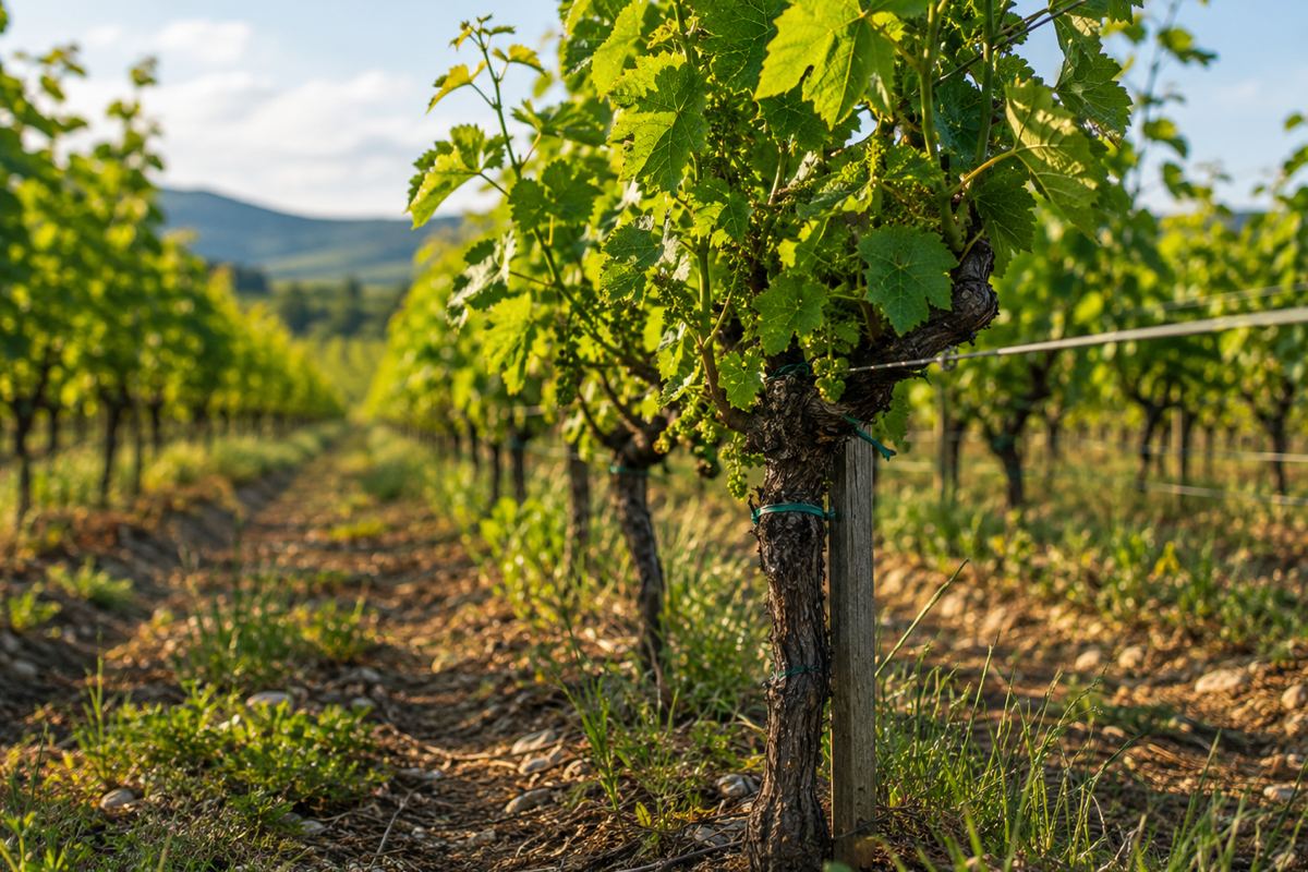 A vineyard at ground level: trained rows of vine on wires, with bare stony soil and patchy grass in the alley between them.